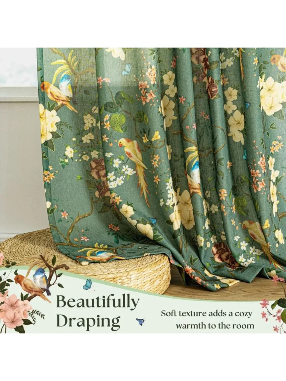 Dark Green Floral Linen Curtains 96